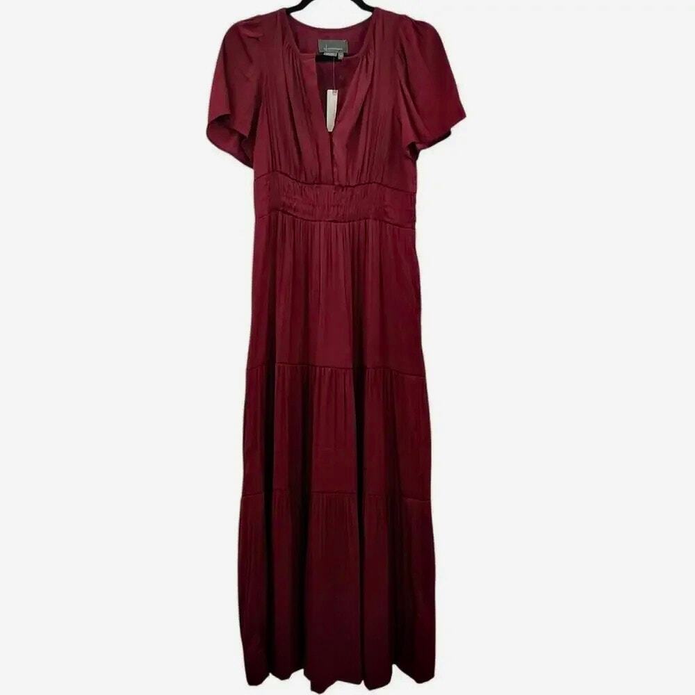New Athropologie Somerset Maxi Dress Wine Red Tiered Smocked Satin A Line XS